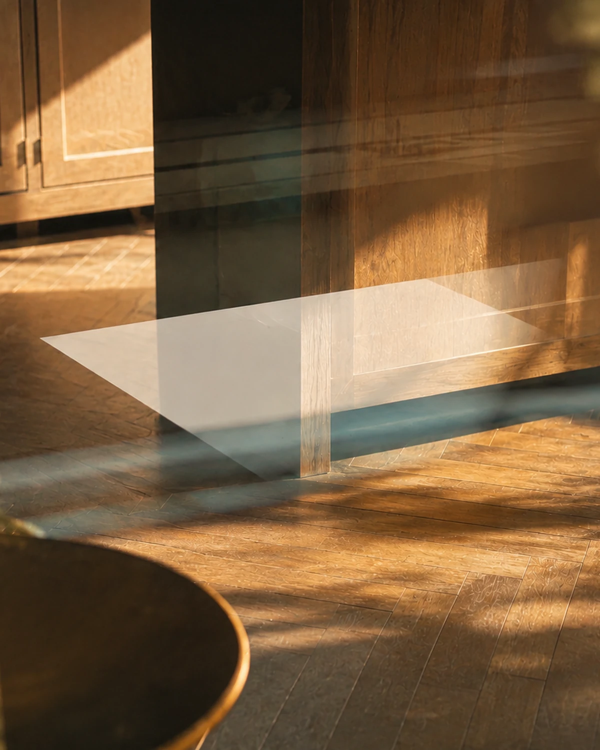 Blick durch eine Glasscheibe in einen Raum mit Fischgrätparkett und Eichenschrank. Die Scheibe spiegelt Möbel und Pflanzen des Vorraums, sodass sich zwei Ebenen überlagern.
