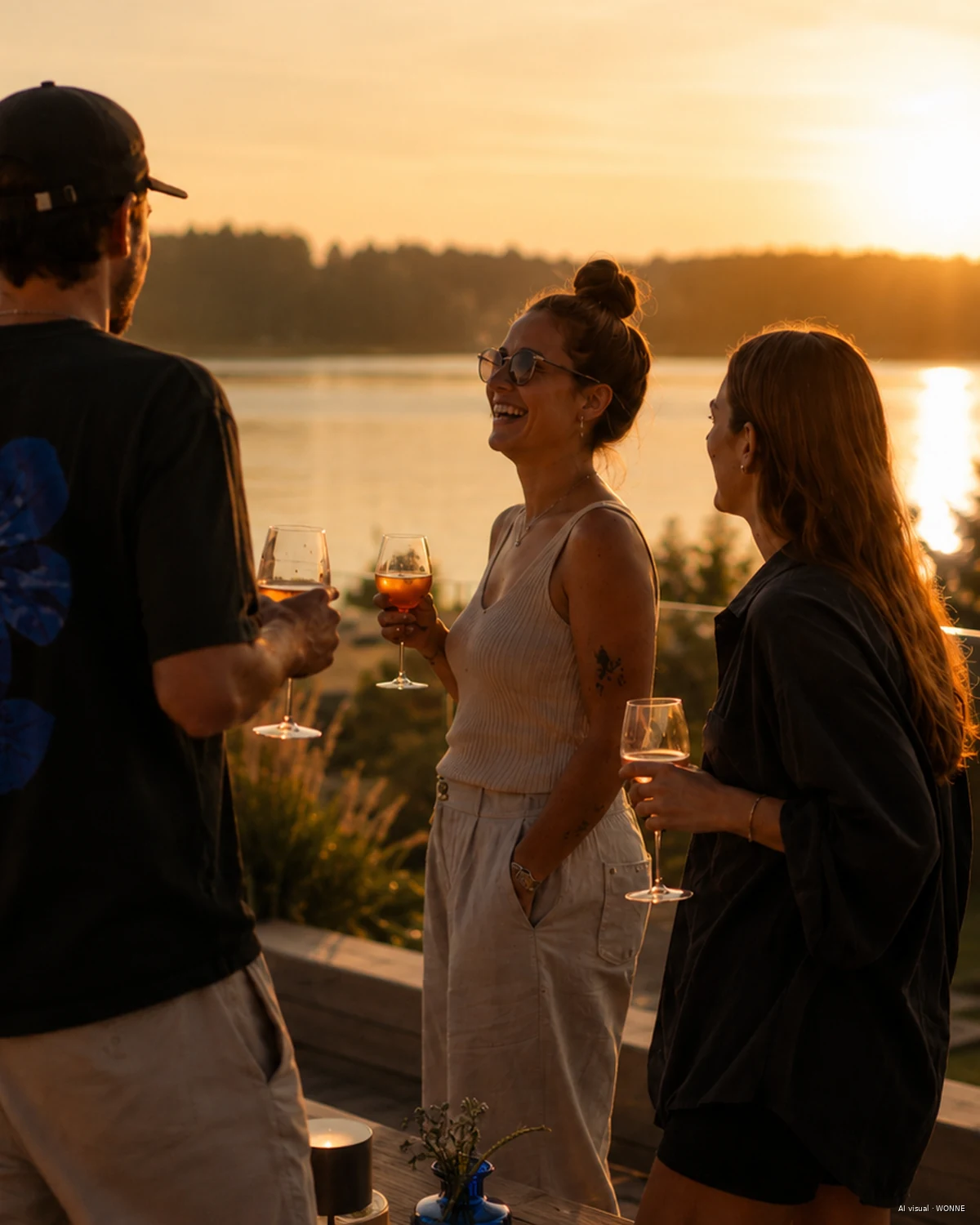 Vier Menschen stehen mit Weingläsern auf einer Holzterrasse am See und unterhalten sich. Hinter ihnen steht die Sonne tief über dem Wasser und der bewaldeten Uferlinie.
