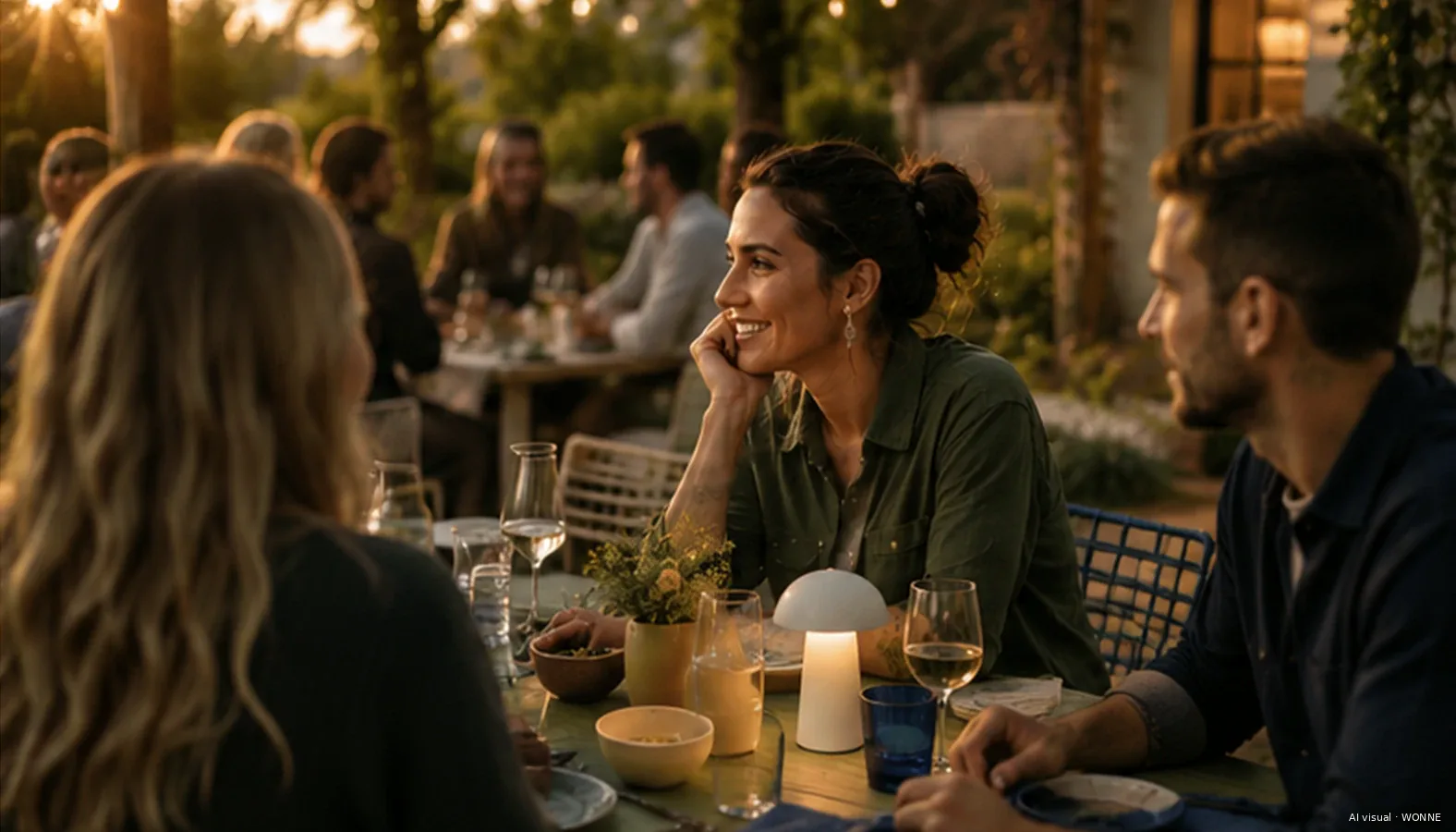Abendliche Tafel im Garten: Menschen sitzen dicht beieinander im Gespräch, auf dem Tisch eine kleine tragbare Leuchte, Gläser und ein kobaltblauer Becher. Im Hintergrund weitere Gäste und tief stehende Sonne zwischen Bäumen.
